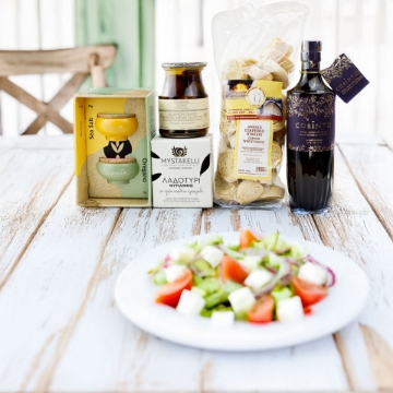 Luxury Greek Salad Gift Box – Mediterranean Lifestyle Setting Gourmet Greek Salad ingredients styled with fresh tomatoes, cucumbers, olives, and EVOO – luxury gift experience