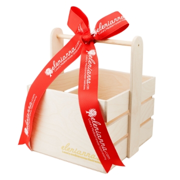 Customizable Wooden Gift Basket for Elenianna Gourmet Greek Gifts. Empty wooden gift basket with a custom red elenianna.com ribbon for a Cretan food hamper.