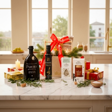 The Perfect Corporate and Holiday Gift: A Luxury Cretan Food Gift Basket. A luxury Cretan food hamper styled as a festive corporate gift in a modern kitchen with marble countertops.
