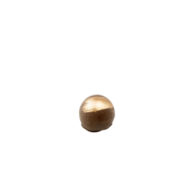 Close-up of a single round gourmet chocolate praline, dusted with a beautiful gold metallic shimmer Single Gianduja and Winter Spice Chocolate Praline