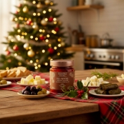 A festive Greek meze table with Navarino Icons stuffed red peppers, dolmades, olives, and feta, set in front of a Christmas tree.