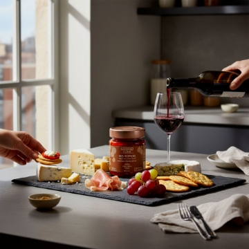 Serving Suggestion: Navarino Icons Stuffed Peppers on a Charcuterie Board Gourmet antipasti platter featuring Navarino Icons stuffed red peppers, assorted cheeses, prosciutto, and a hand pouring red wine