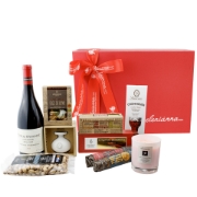 Contents of the Elenianna Luxury Greek Christmas Box, showing gourmet Greek food, Xinomavro wine, Ladolea EVOO, PDO pistachios, and the signature red gift box.