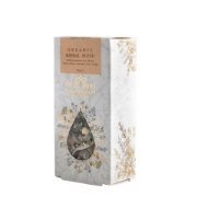 Front view of Mouriki Organic Herbal Blend 25g packaging featuring Malotira mountain tea, dittany, lemon verbena, cinnamon, clove, and orange in a luxury white and gold box.
