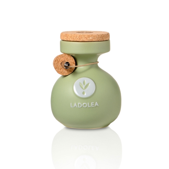 Ladolea Organic Extra Virgin Olive Oil in a handcrafted light green ceramic pot, 200ml Koroneiki single variety from Corinthia, Greece.