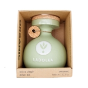 Ladolea Organic Extra Virgin Olive Oil in a handcrafted light green ceramic pot, 200ml Koroneiki single variety from Corinthia, Greece.