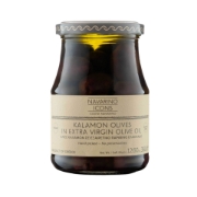 Navarino Icons Kalamon Olives in Extra Virgin Olive Oil 360g jar, hand-picked and sun-ripened gourmet Greek olives from the Peloponnese.