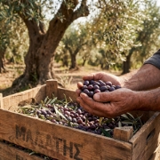 Close-up of expert hands holding freshly harvested Kalamata variety olives in a traditional wooden crate within a sun-drenched Greek olive grove.