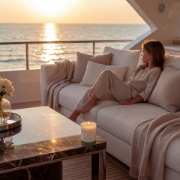 Aurean Golden Lumos candle on a marble table of a luxury yacht at sunset, representing the eternal clarity of Aegean light.