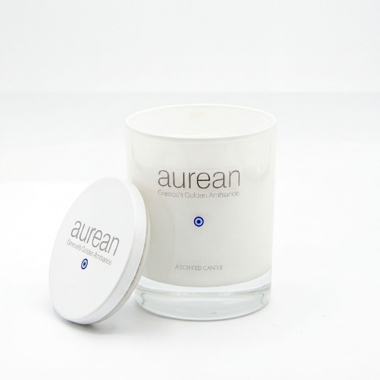 Aurean luxury scented candle in glass jar with lid, premium Greek ambiance candle minimalist white background