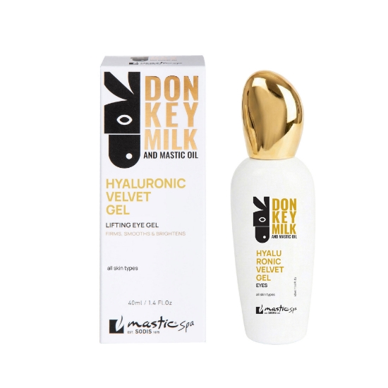 Product and packaging view of Mastic Spa Hyaluronic Velvet Lifting Eye Gel, 40ml bottle with gold cap and box, isolated on a clean white background.