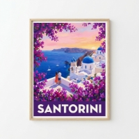 Santorini Retro-Reiseposter – Bougainvillea & Caldera-Sonnenuntergang (Kunstdruck) | Mediterrane Illustration aus der Mitte des 20. Jahrhunderts, Giclée-Druck in Museumsqualität oder UV-beständige Leinwand