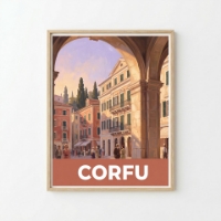 Kunstdruck „Venezianische Architektur auf Korfu“ – Retro-Reiseposter mit Liston-Bogen | Giclée-Druck A3 & UV-strukturierte Leinwand 12×16 | Mediterrane Küsten-Wandkunst