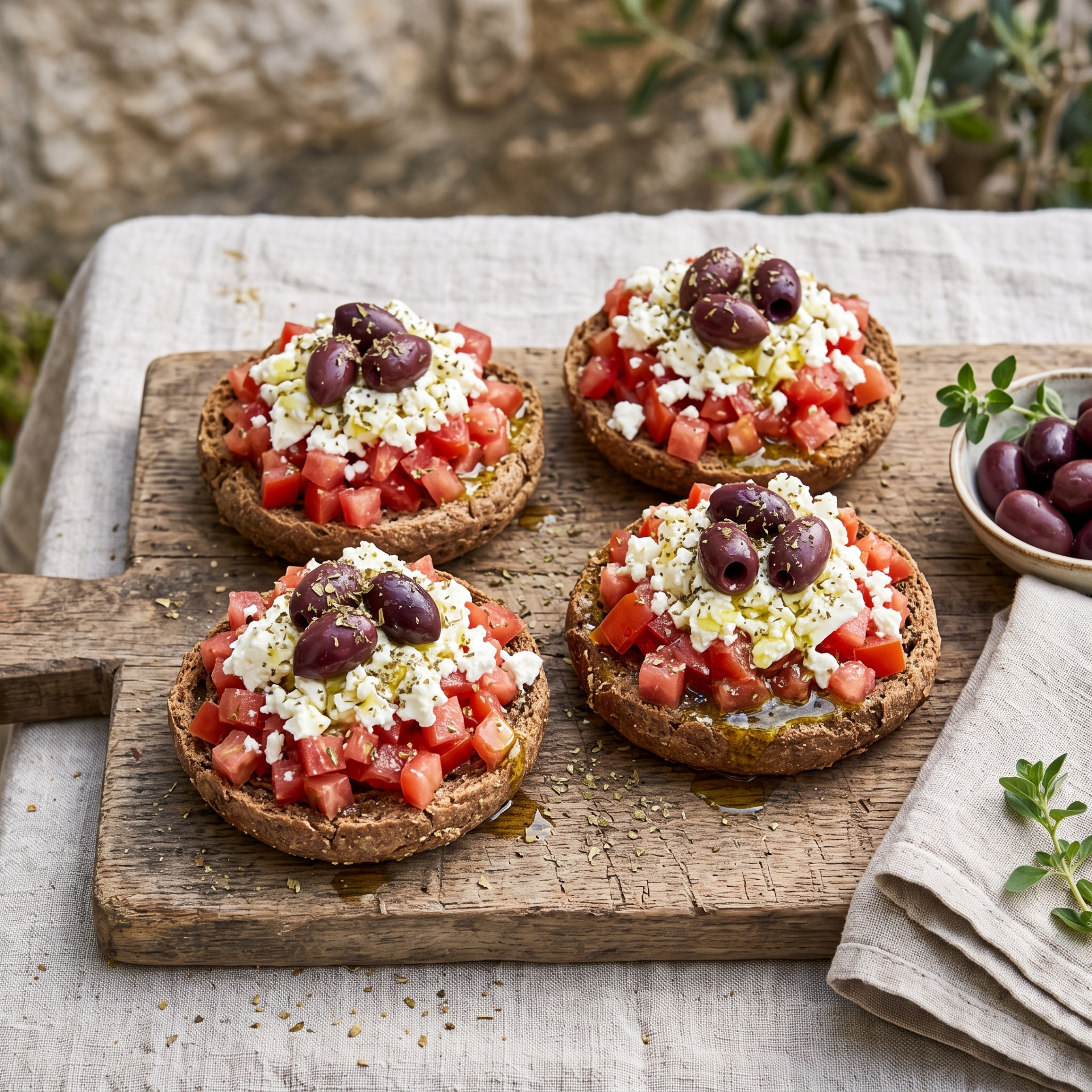 Cretan Dakos with High Phenolic Olive Oil and Kalamata Olives finished dish serving suggestion