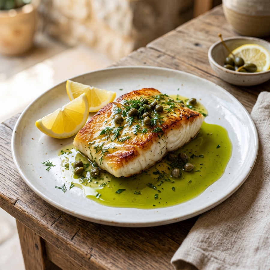 Seared Halibut with Lemon-Herb Emulsion and High-Phenolic Olive Oil