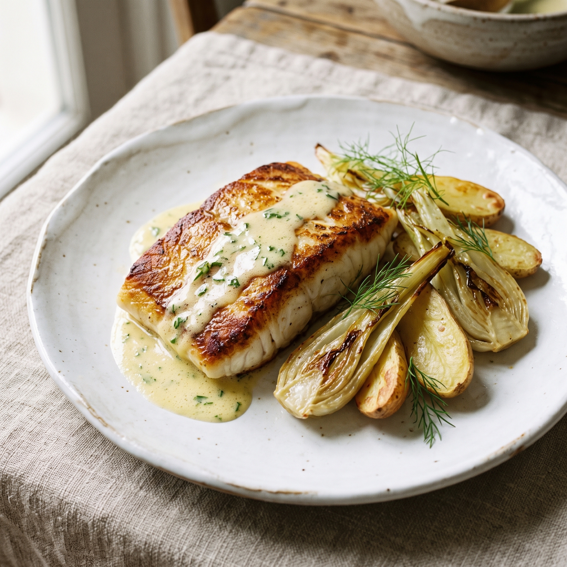 Seared Halibut with Warm Lemon-Herb Emulsion and Roasted Fennel finished dish serving suggestion