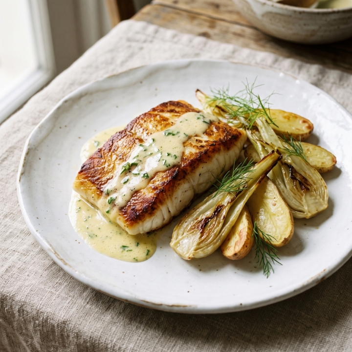Seared Halibut with Warm Lemon-Herb Emulsion and Roasted Fennel