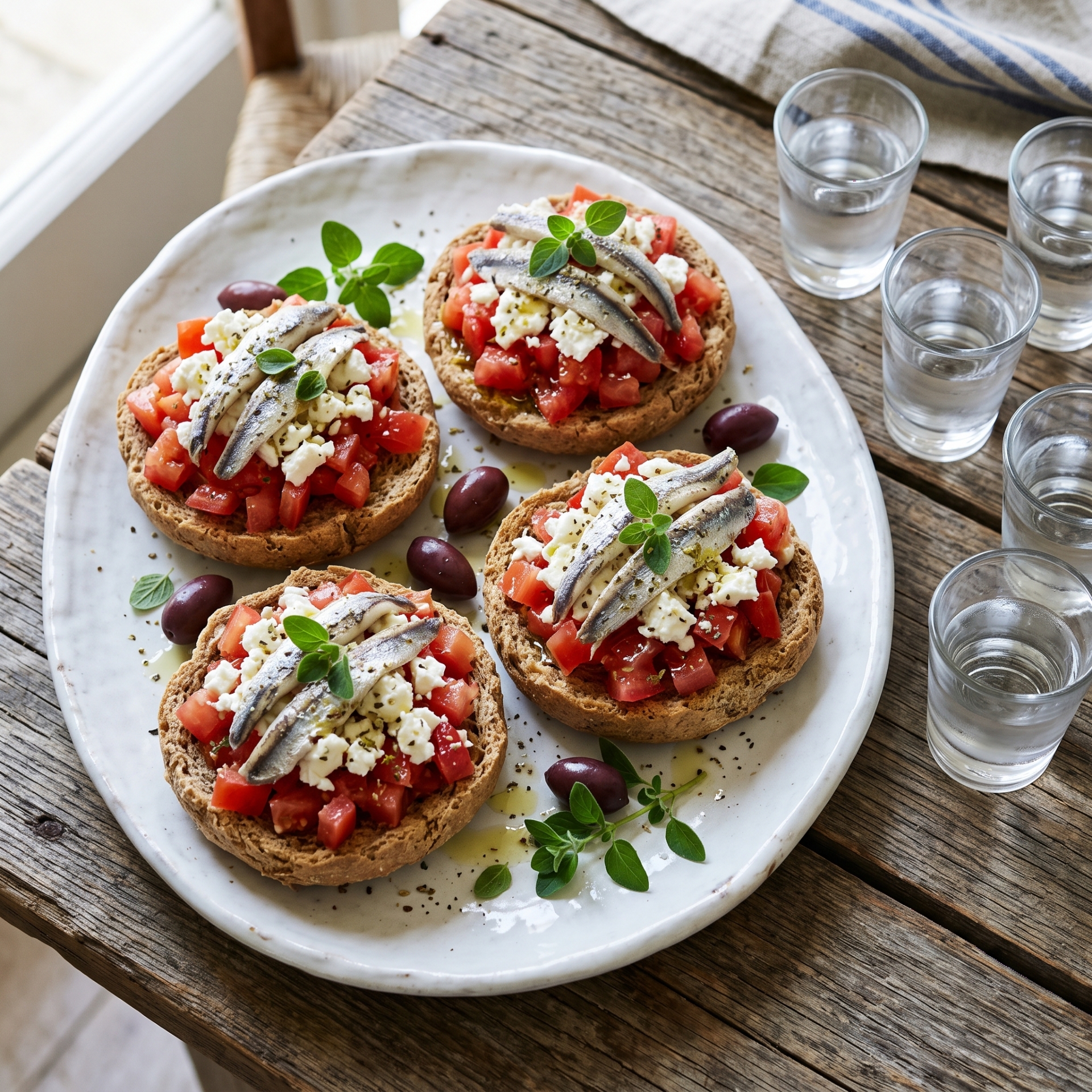 Cretan Anchovy Dakos with Kalamon Olives and Ouzo finished dish serving suggestion