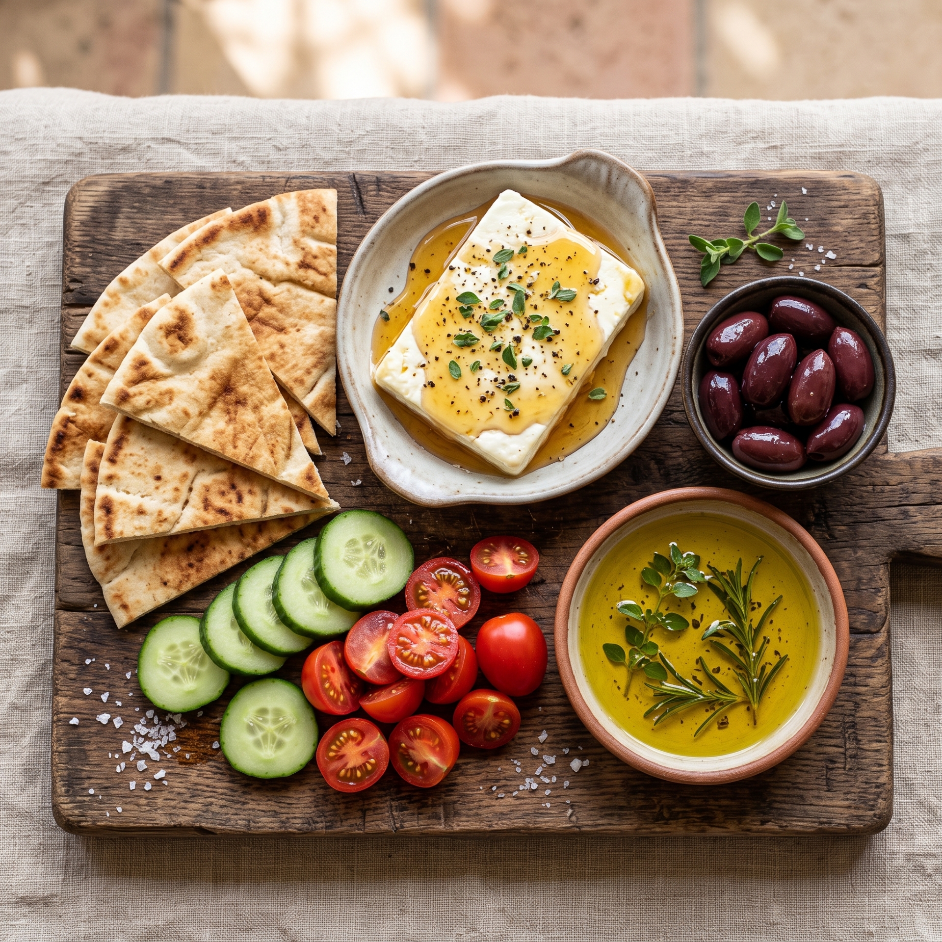 Greek Mezze Platter with Honey-Drizzled Feta and Herb Oil finished dish serving suggestion